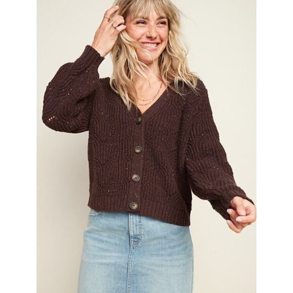 Old Navy Sweaters - Old Navy Brown Pointelle Cable Knit Button Cardigan Sweater Women LG Boho Casual
